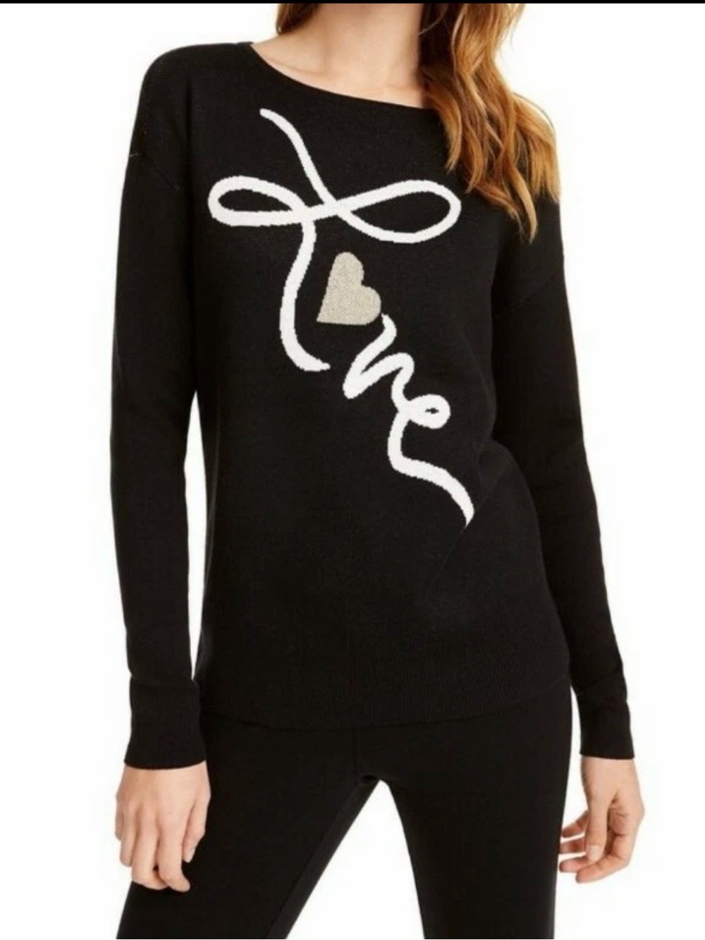 Maison Jules Black Sweater with White 'Love' Script and Gold Heart